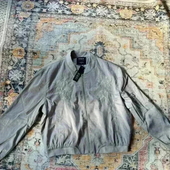 NWT Lunik Satin Silver embroidered Bomber Jacket Size large - Picture 1 of 7